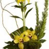 lilies, orchids, yellow flower arrangement