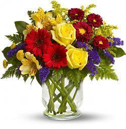 summer bouquet, roses, yellow, purple, gerbera, alstroemeria, matsumoto asters, button mums, statice