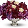 purple, orchids, roses, dahlias, button mums, Mercury Glass Bowl, centrepiece