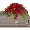 casket spray, funeral arrangements, funeral flowers, red floral funeral arrangement