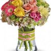 gerberas, hyrdrangea, mums, pink, yellow, green, roses, carnations