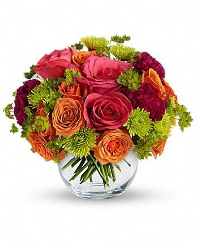glass bowl, summer bouquet, romantic bouquet, roses, hot pink, orange, green