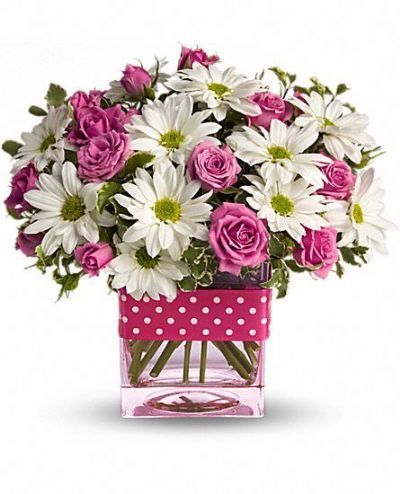 pink roses, white daisies, polka dot ribbon, summer bouquet