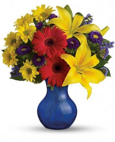 yellow lilies, red gerberas, purple asters, daisiies, statice, green lemon leaf, summer bouquet
