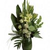 Zen flower arrangement, green, leaf lined vase, lotus pod, roses, mums, gladioli, summer bouquet