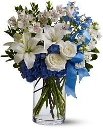 birthday flowers, fresh white and blue flower arrangement