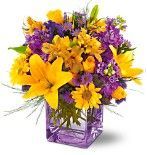 lilies, mums, yellow bouquet, purple bouquet